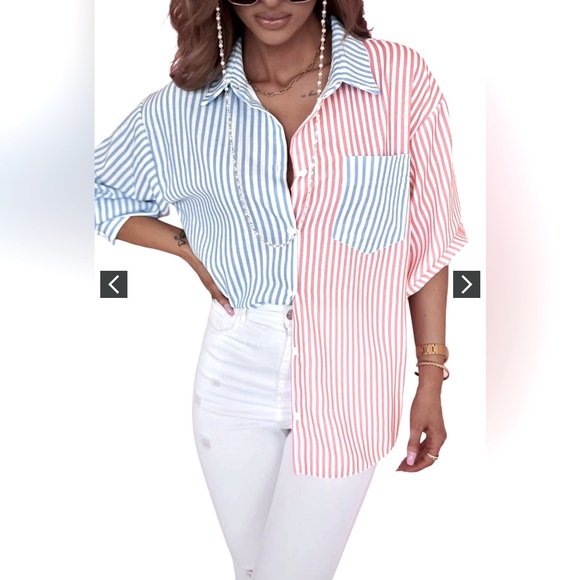 NEW - Women’s Sky Blue/Pink Contrast Striped
Print Shirt (Small) - Picture 4 of 7